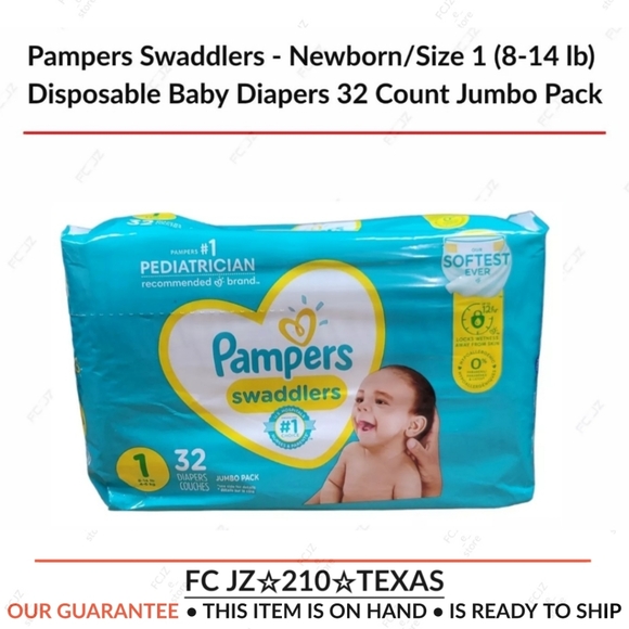 Pampers Swaddlers - Newborn/Size 1 (8-14 lb) Disposable Baby Diapers 32 Count - Picture 1 of 8